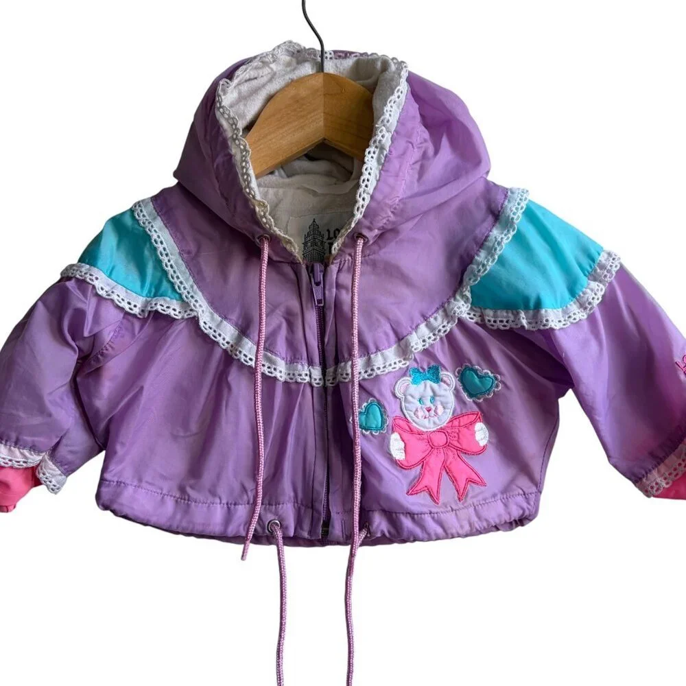 Vintage Kids London Fog Pastel Purple Pink Bear Lace Heart Jacket 9-12 Months